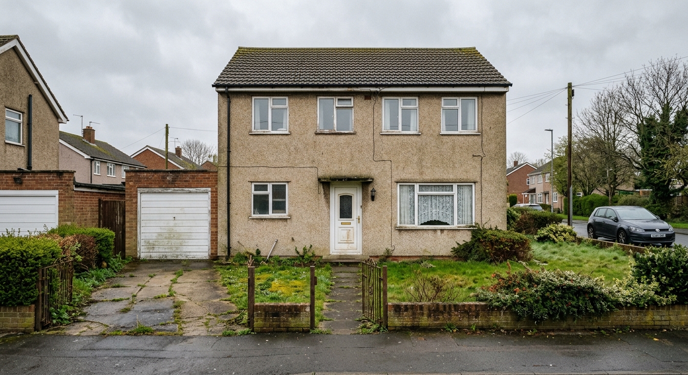 A dated suburban house with tired pebbledash and an overgrown lawn, shot straight on in flat daylight