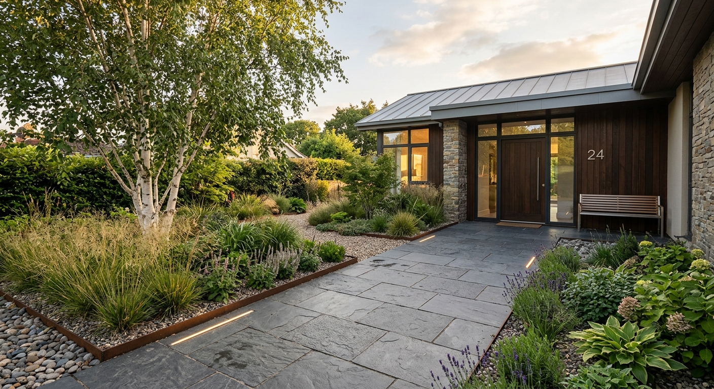 A well-designed modern front garden with stone paving, structured planting and a lit entrance path