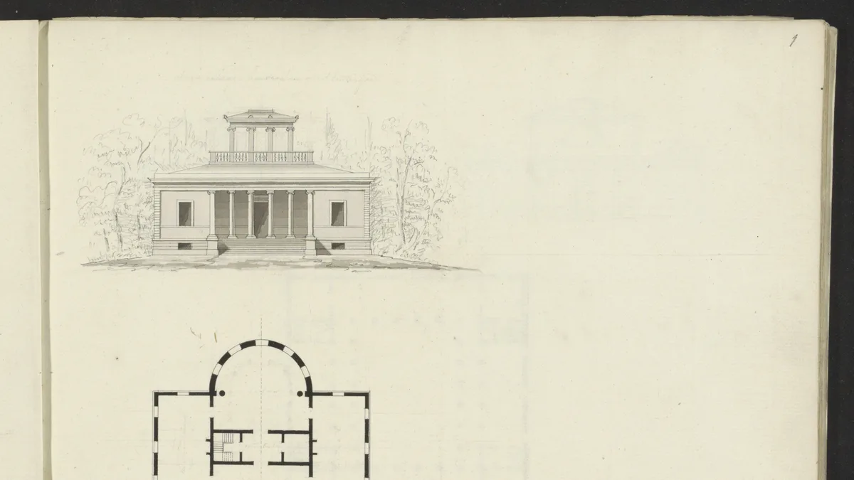 A hand-drawn floor plan and front elevation of a house on aged paper