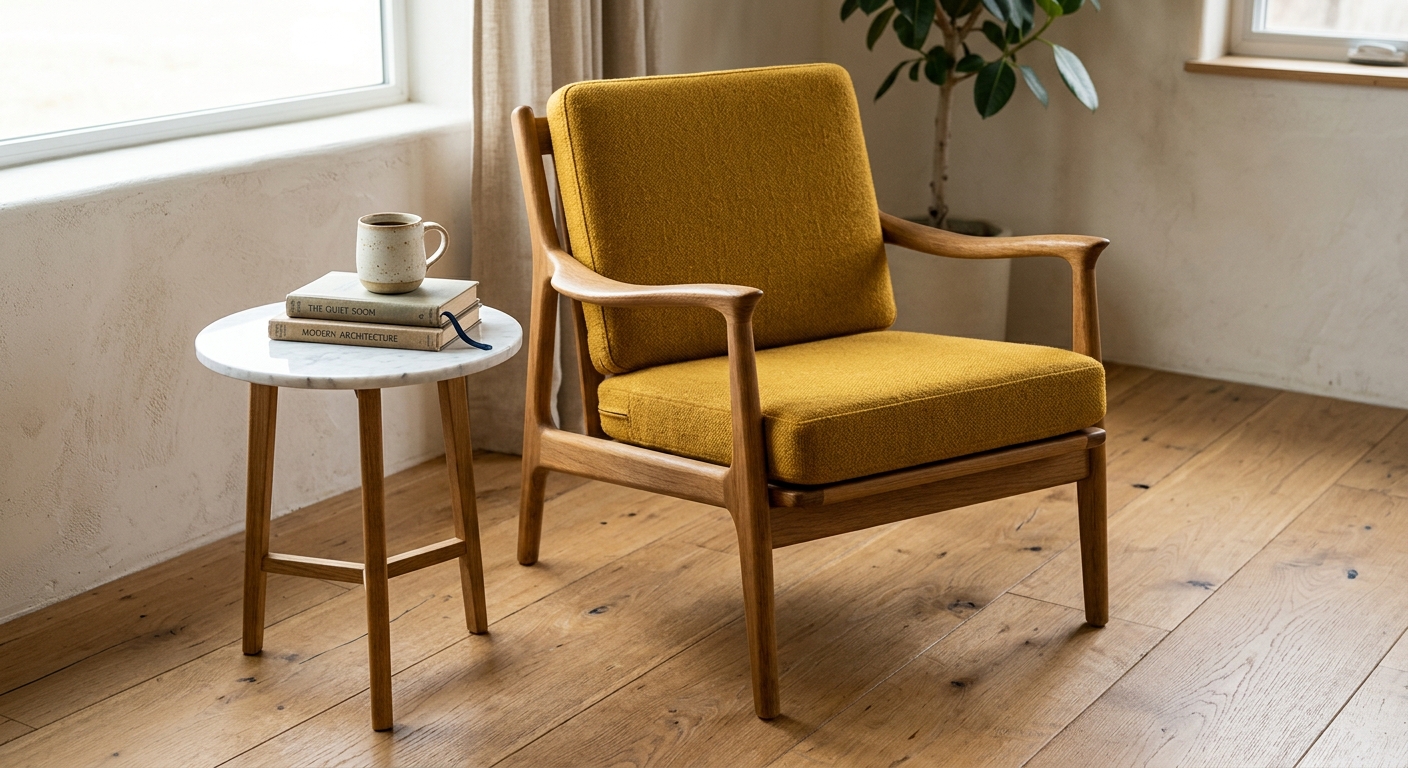 A single mid-century oak armchair and a small marble side table placed to scale on a wood floor, with realistic contact shadows