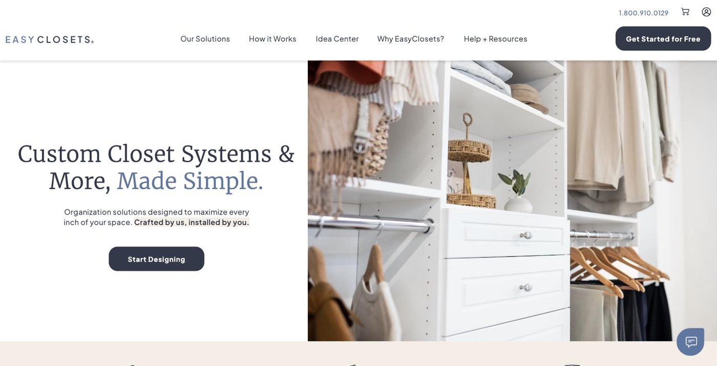 The EasyClosets homepage, headline "Custom closet systems and more, made simple"