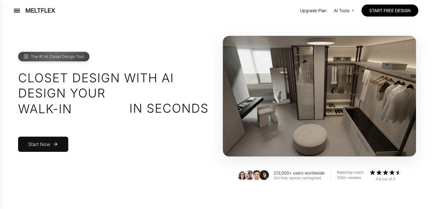 The MeltFlex AI closet design page, headline "Closet design with AI, design your walk-in in seconds"