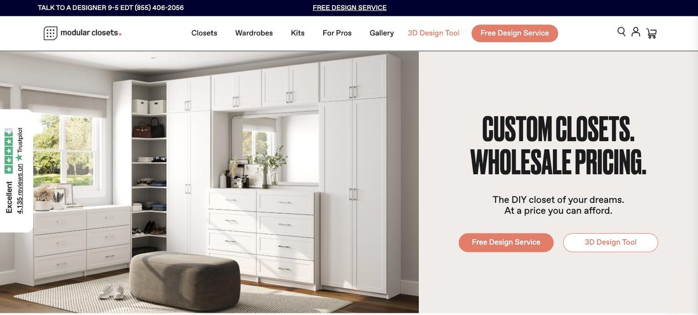 The Modular Closets homepage, headline "Custom closets. Wholesale pricing."
