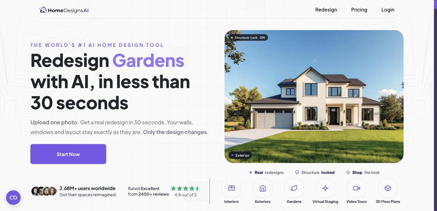 The HomeDesigns AI homepage, headline "Redesign gardens with AI, in less than 30 seconds", with a Structure-Lock badge