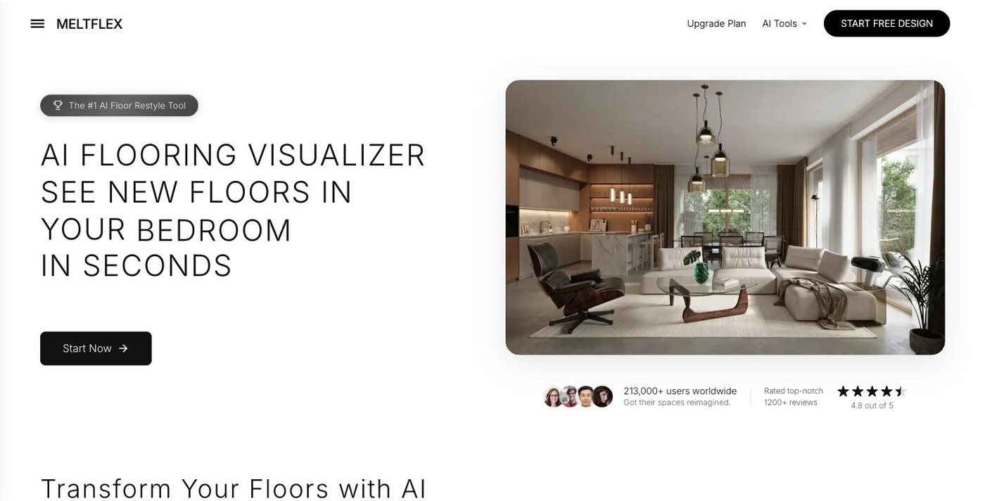 The MeltFlex AI Floor Restyle homepage, headline "AI flooring visualizer, see new floors in your bedroom in seconds"