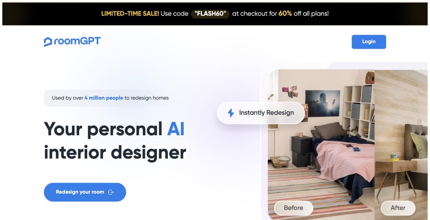 The RoomGPT homepage, headline "Your personal AI interior designer" with a before and after bedroom