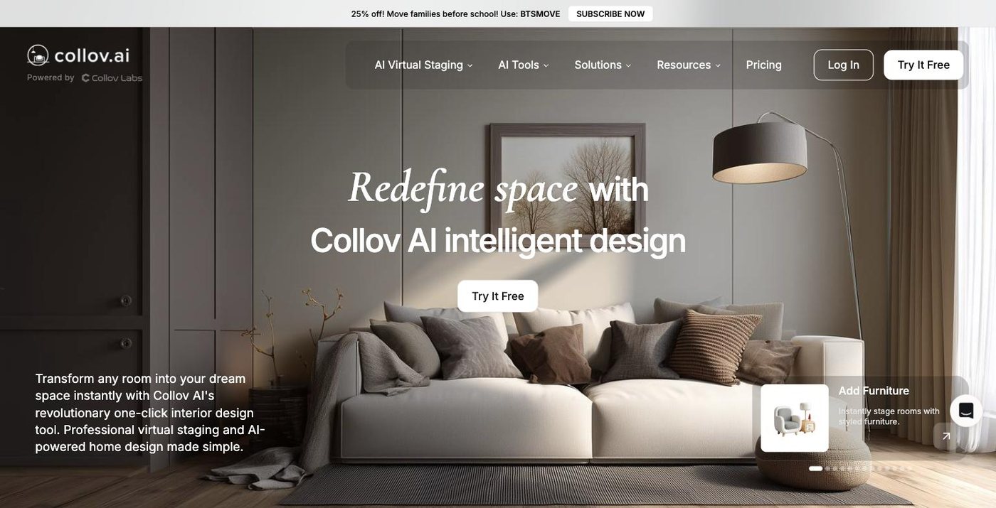 The Collov AI homepage, headline "Redefine space with Collov AI intelligent design"