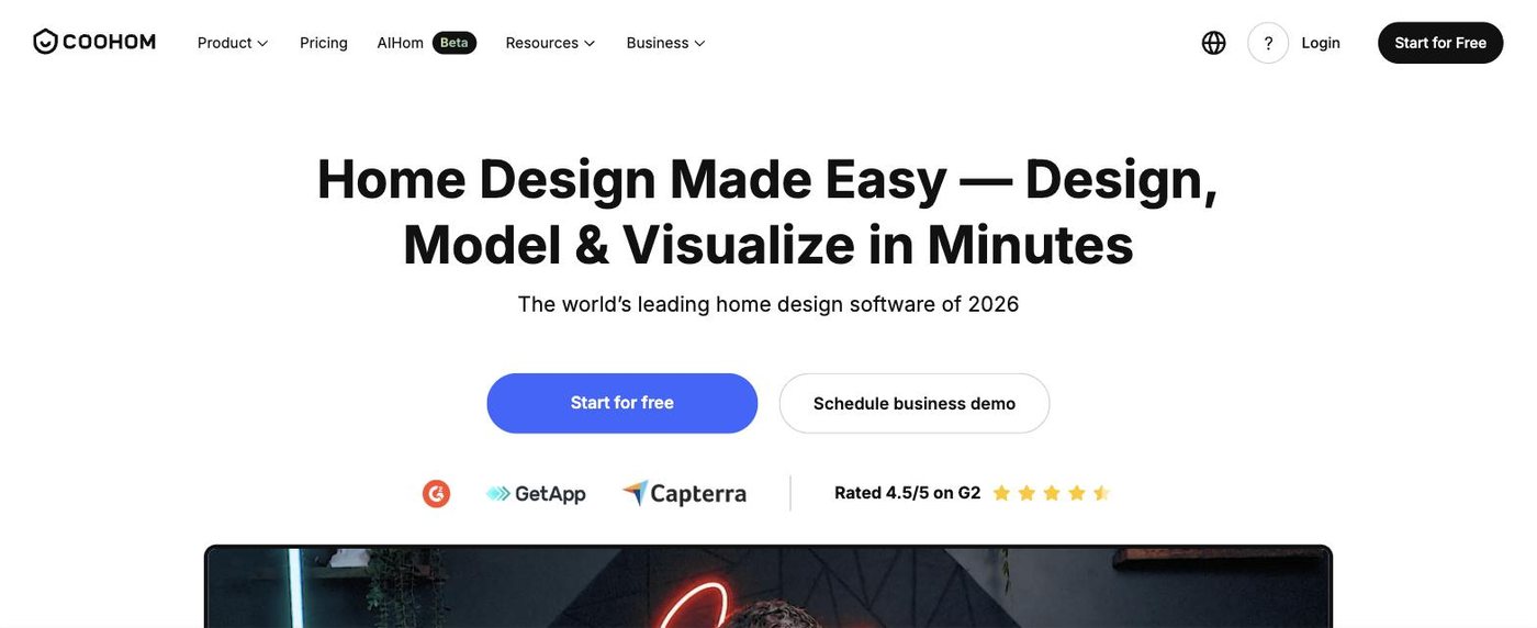 The Coohom homepage, headline "Home design made easy, design, model and visualize in minutes"