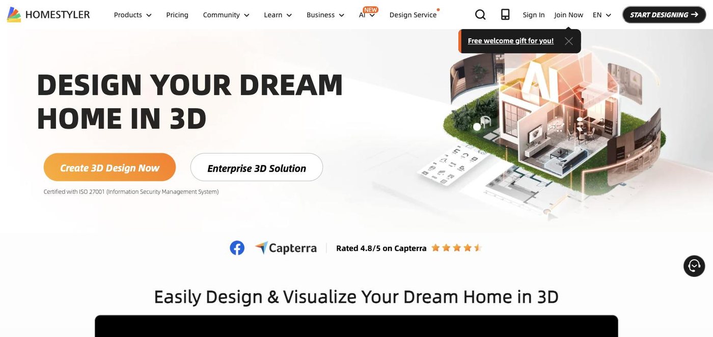 The Homestyler homepage, headline "Design your dream home in 3D"