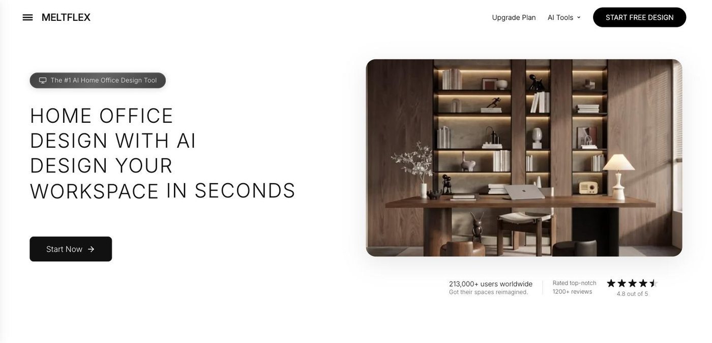 The MeltFlex AI home office design page, headline "Home office design with AI, design your workspace in seconds"