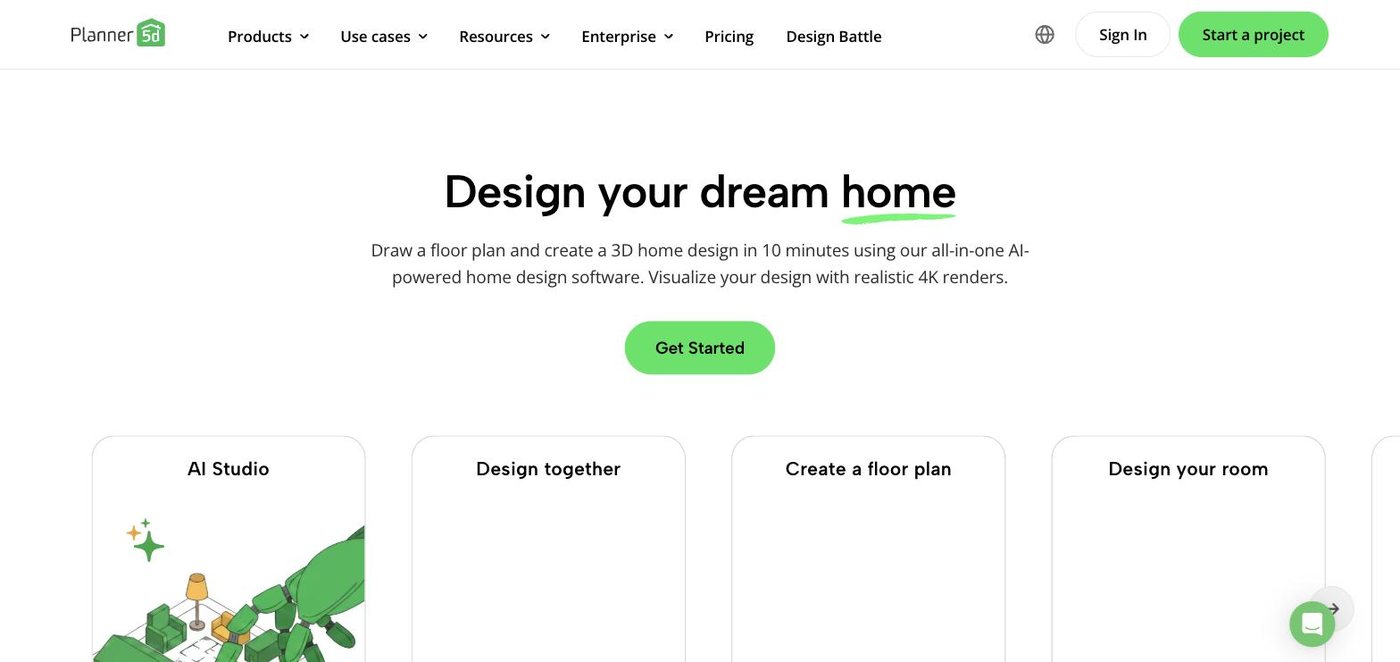 The Planner 5D homepage, headline "Design your dream home", with AI Studio and floor plan cards