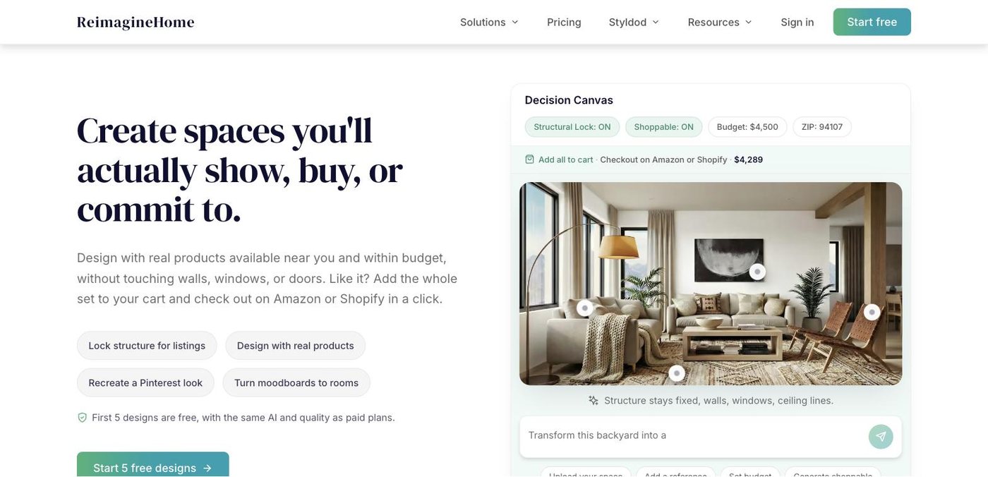 The ReimagineHome homepage, headline "Create spaces you'll actually show, buy, or commit to", with a Decision Canvas panel