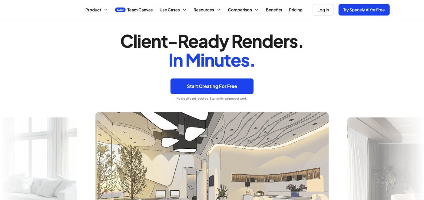 The Spacely AI homepage, headline "Client-ready renders. In minutes."