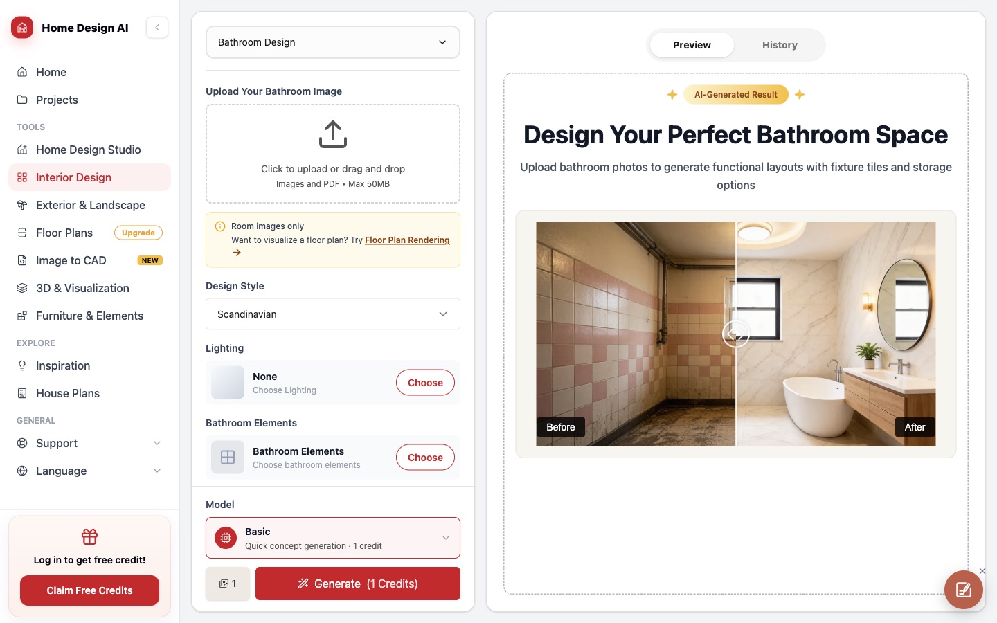 The Home Design AI bathroom tool, with upload box, design style, lighting and bathroom elements options and a Generate (1 Credits) button
