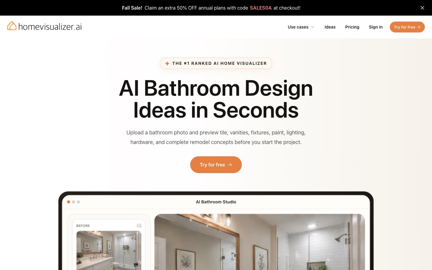 The Home Visualizer AI bathroom page, headline "AI Bathroom Design Ideas in Seconds", with an AI Bathroom Studio preview