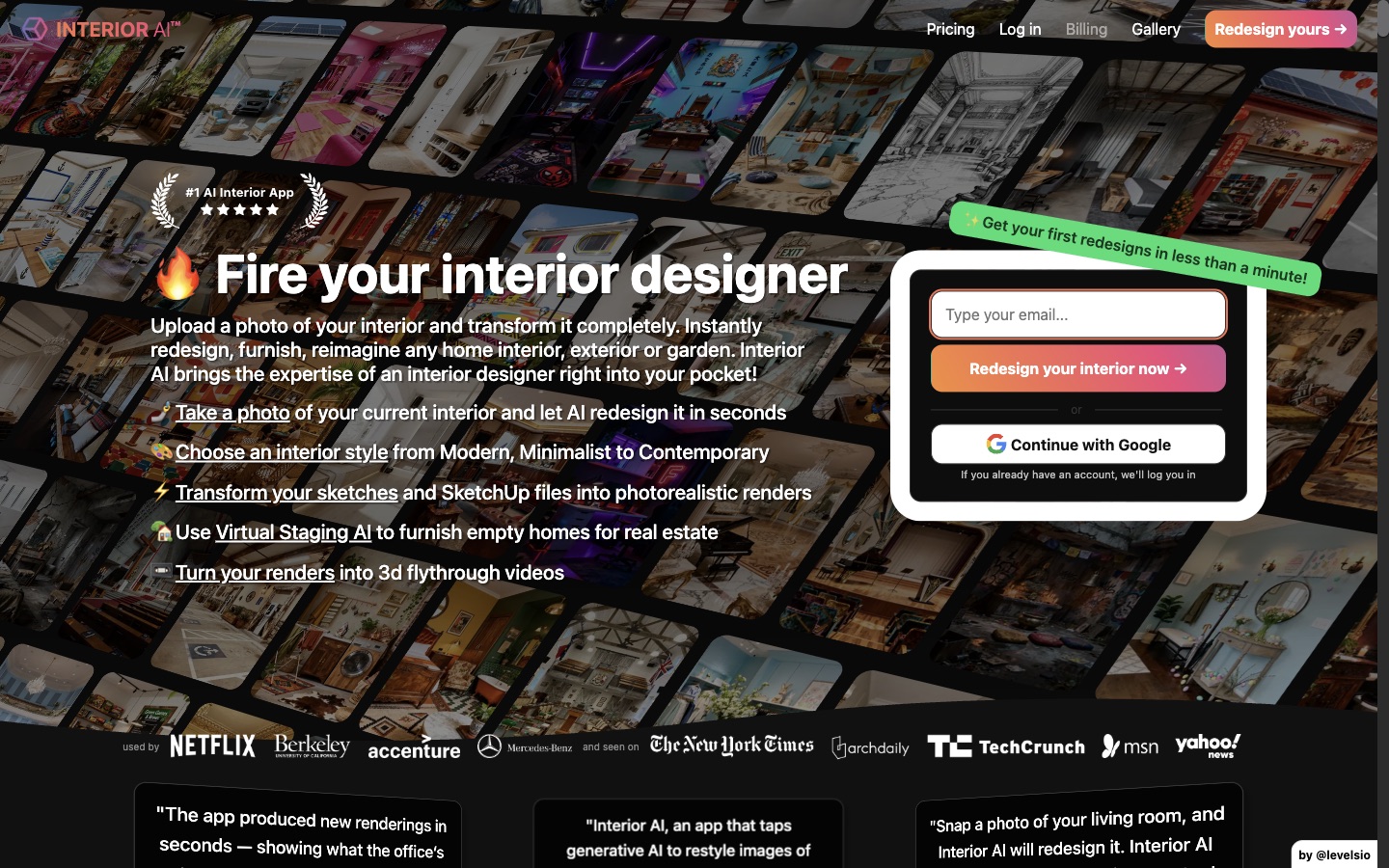 The Interior AI home page, headline "Fire your interior designer", with an email sign up box