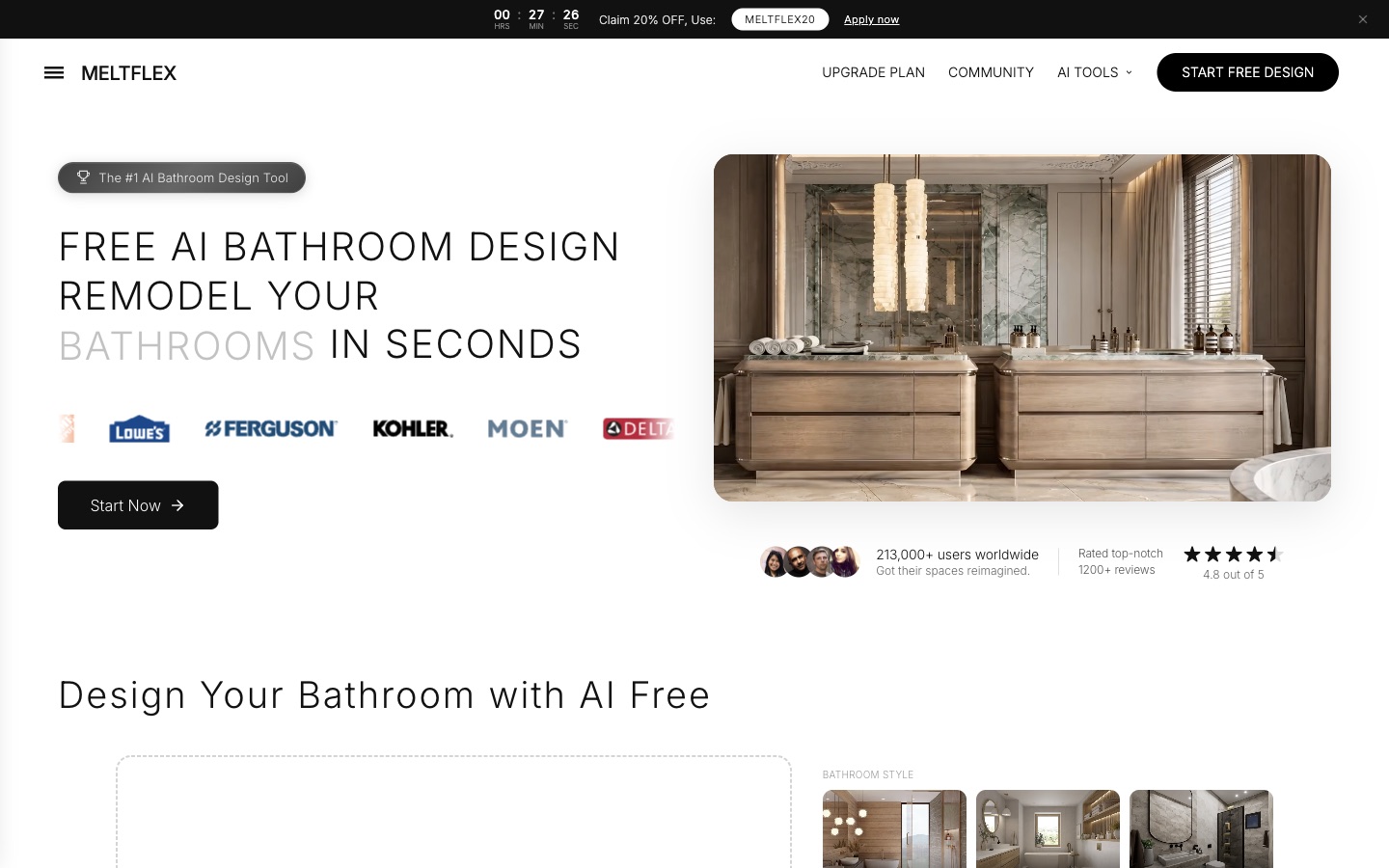 The MeltFlex AI bathroom design page, headline "Free AI bathroom design, remodel your bathrooms in seconds"