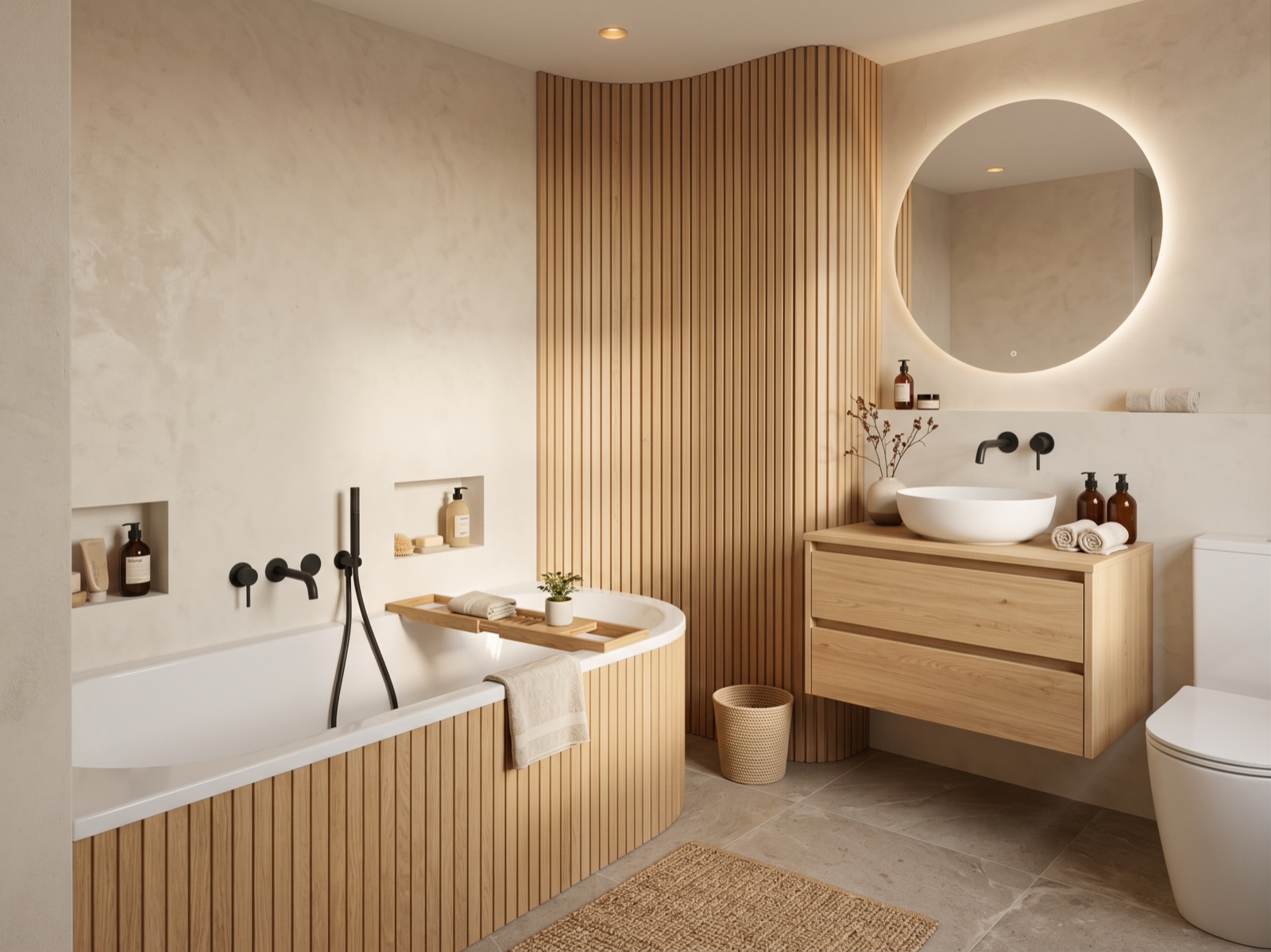 The same bathroom redesigned in Japandi style with a fluted oak curved wall, a wooden vanity, a round backlit mirror and black wall mounted taps