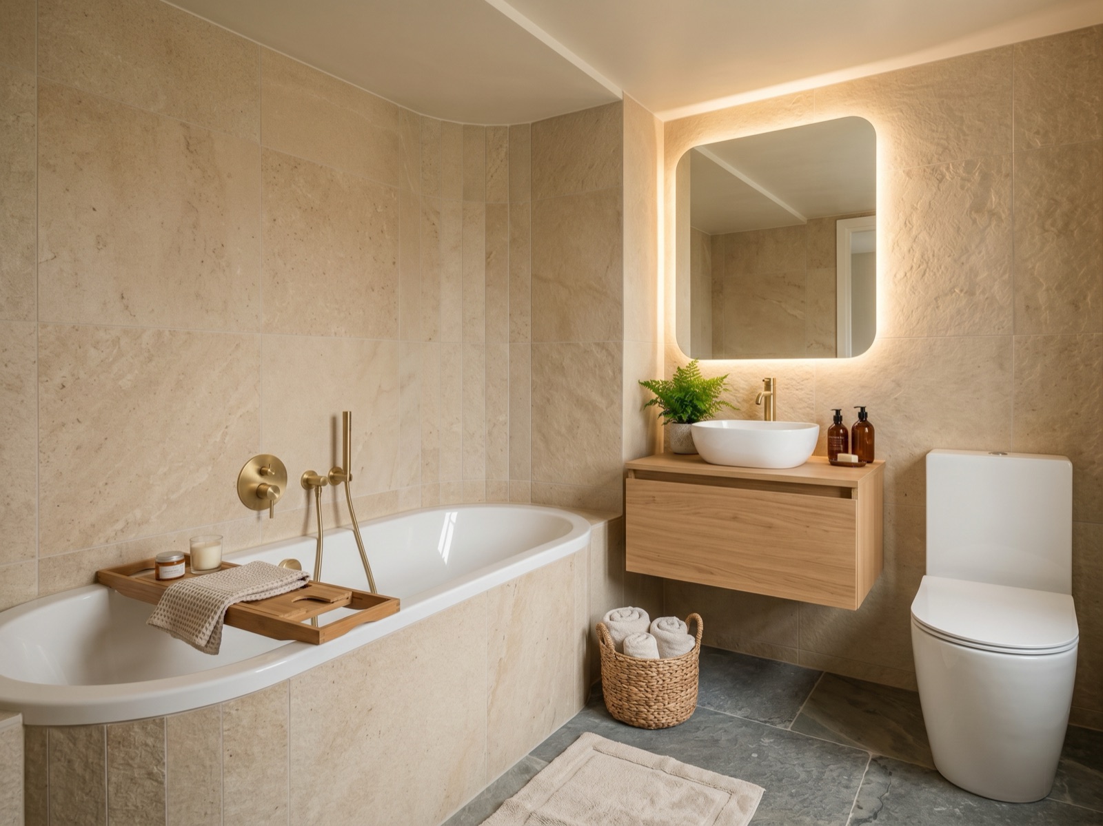 The same bathroom redesigned in a modern spa style with large beige stone tiles, a wooden vanity with a vessel basin, brass taps and a backlit mirror
