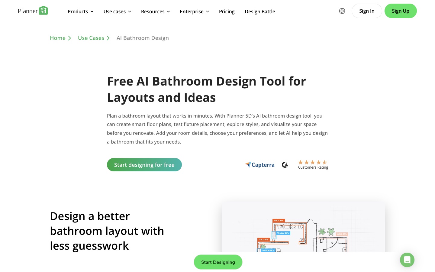 The Planner 5D AI bathroom design page, headline "Free AI Bathroom Design Tool for Layouts and Ideas"