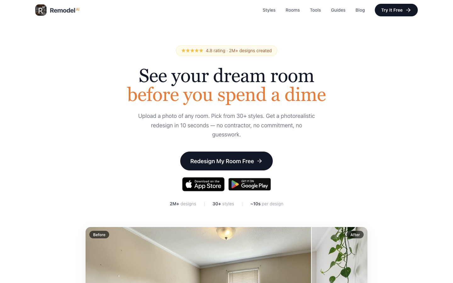 The Remodel AI home page, headline "See your dream room before you spend a dime", with a 4.8 rating and 2M plus designs badge