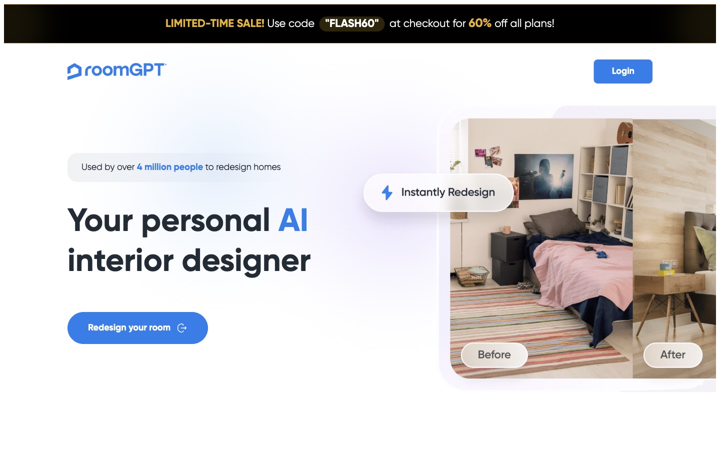 The RoomGPT home page, headline "Your personal AI interior designer", used by over 4 million people