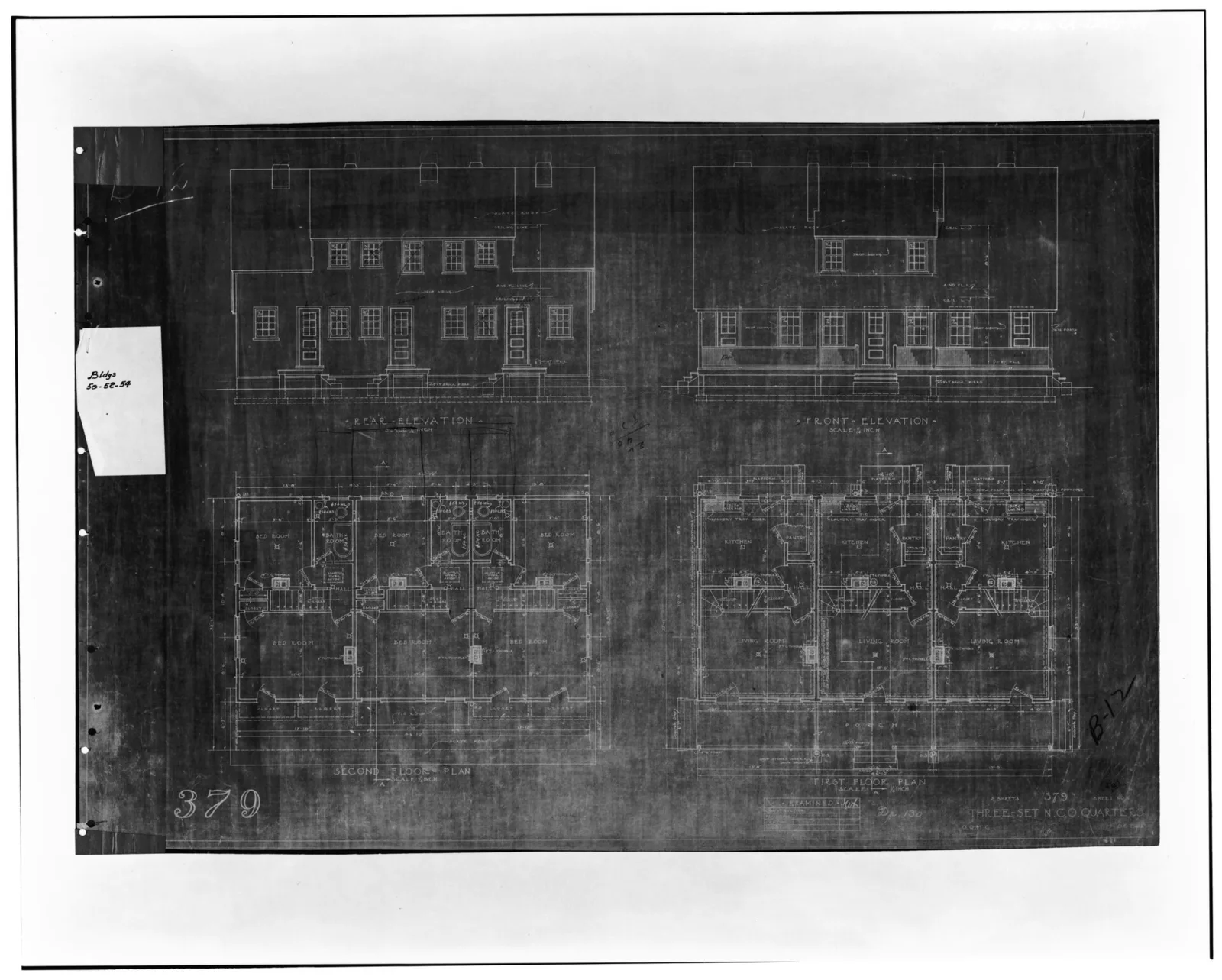 A photocopy of an original 1940s blueprint for army quarters at Fort MacArthur, California, showing front and rear elevations above the first and second floor plans