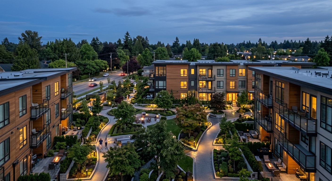 An aerial dusk view of a modern residential development, as if mid-flythrough, with warm lit windows