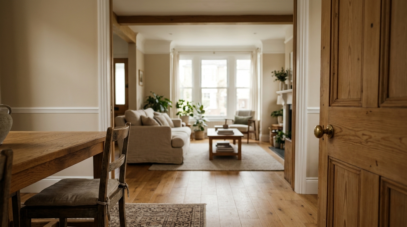 A cinematic interior video frame looking through a doorway into rooms beyond, layered and receding into soft focus