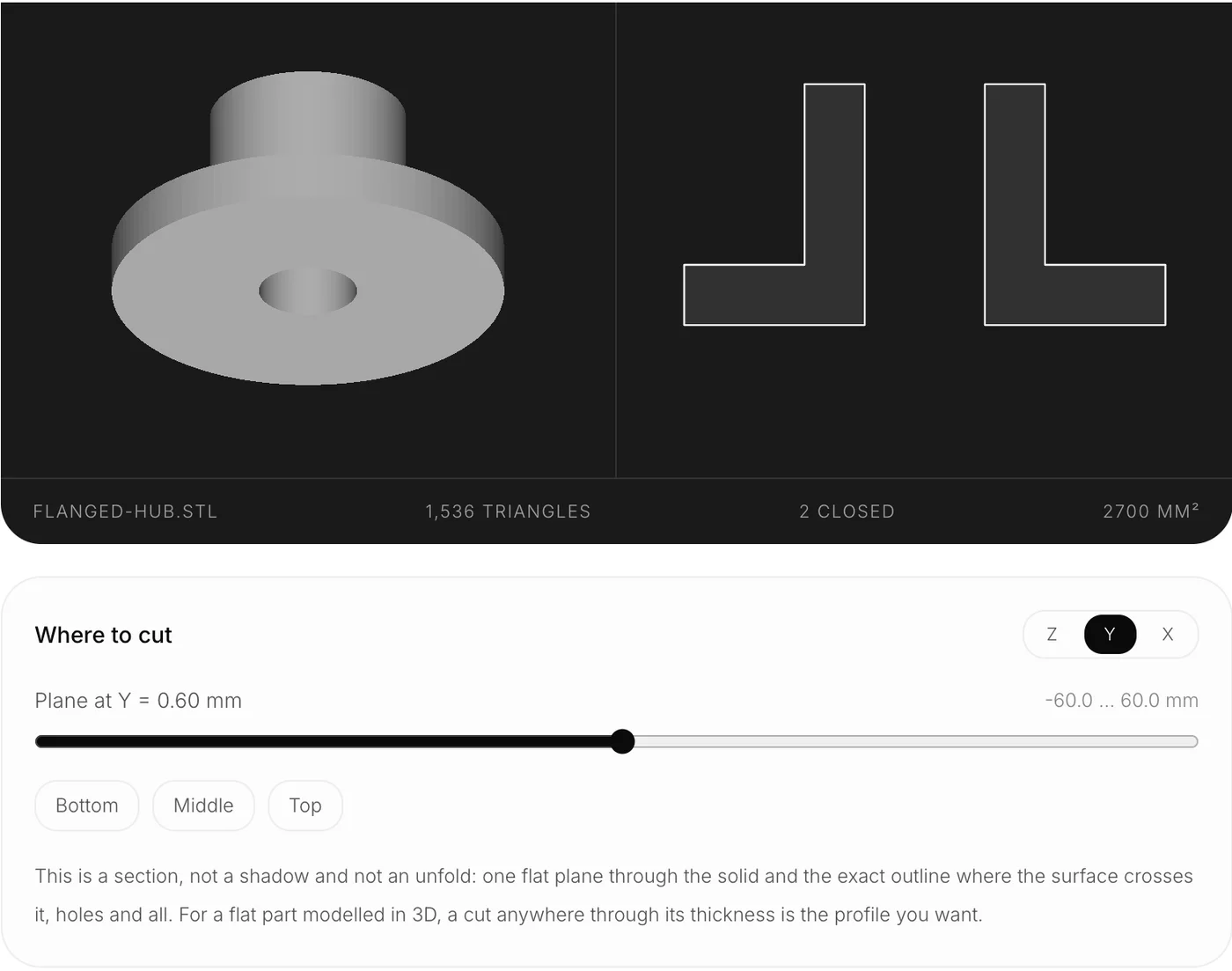 TechDraw AI STL to DXF converter with the flanged hub model on the left and its section through the centre plane on the right, two L-shaped closed outlines with a total area of 2700 square millimetres