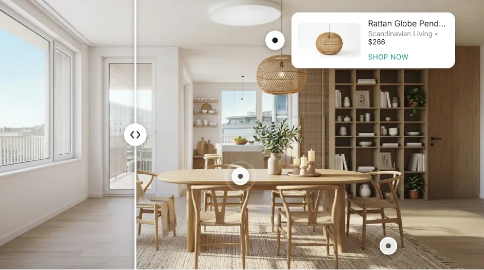 AI room design with shoppable furniture and before-after slider