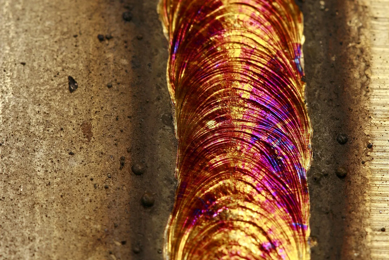 Close-up of a stainless steel weld bead with ripples and heat tint, the as-welded surface a flush ground contour symbol would remove