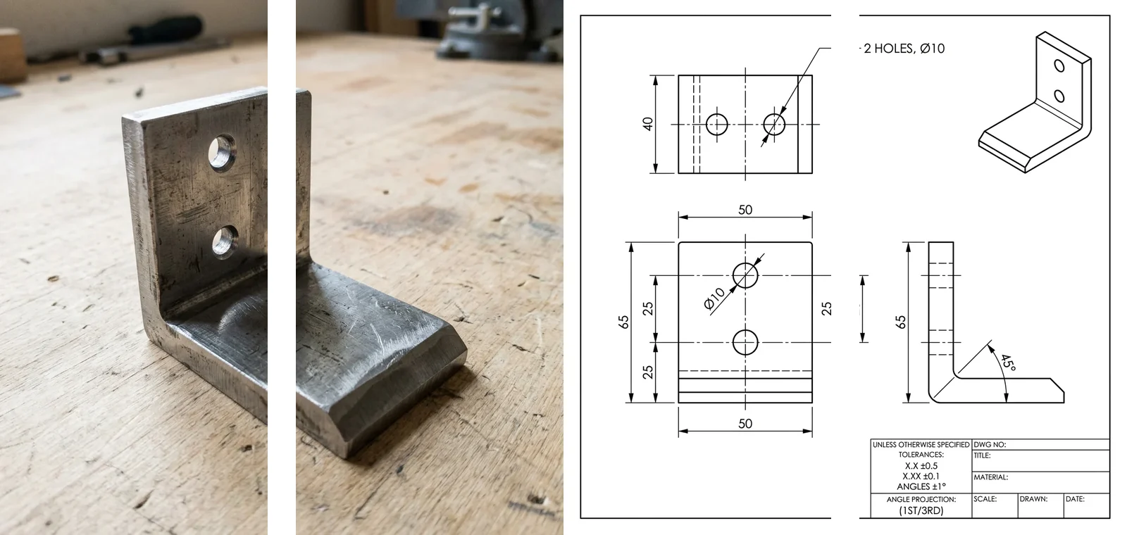A phone photo of an L-shaped steel bracket next to the dimensioned multi-view technical drawing TechDraw AI generated from it, with hole callouts, a 45 degree chamfer and a tolerance title block